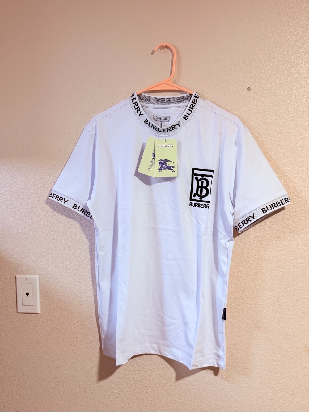 Burberry White Short Sleeve Tee with Black TB Logo Trim